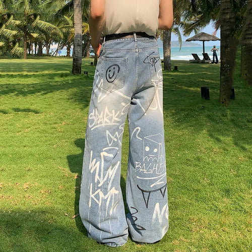 Load image into Gallery viewer, High Street Men&#39;s Jeans Graffiti Contrast Color Trousers Straight Wide Leg Male Denim Pants Fashion Summer 2024 9C6793
