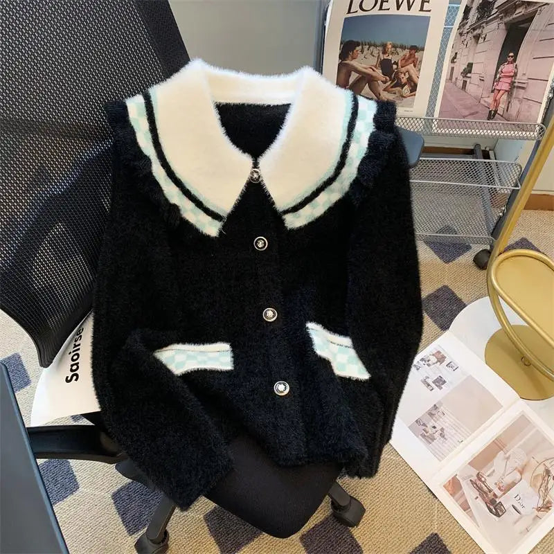 French Vintage Black White Patchwork Mink Sweater Women's 2024 Autumn Winter New Elegant Long Sleeve Cardigan Knit Tops Fashion