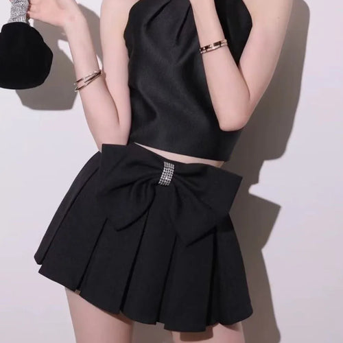 Load image into Gallery viewer, Sweet Two Piece Sets for Women Round Neck Sleeveless Spliced Bead Vest High Waist Patchwork Bowknot Skirt Set Female
