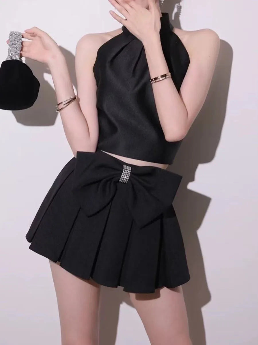 Sweet Two Piece Sets for Women Round Neck Sleeveless Spliced Bead Vest High Waist Patchwork Bowknot Skirt Set Female