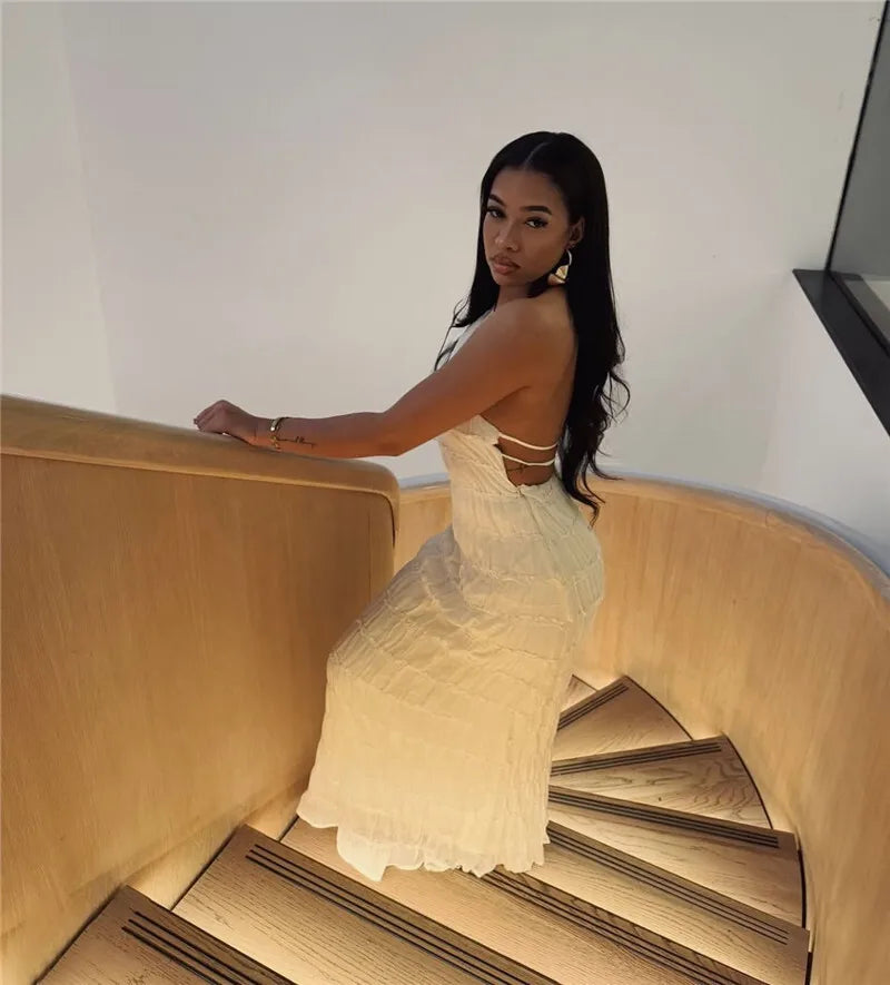 Halter Backless Sexy Maxi Dress For Women Spring Summer New Lace-up Sleeveless Pleated Beach Holiday Long Dress Elegant