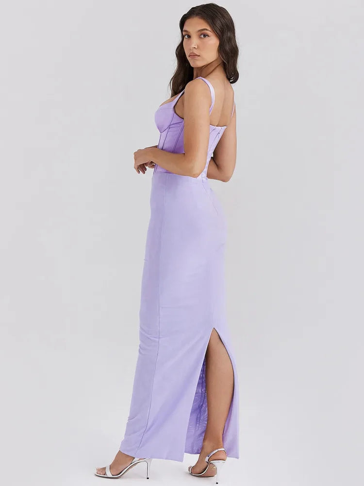 Sexy V-neck Fishbone Suspender Women Evening Dress Elegant Sleeveless Dress Slim Fit Backless Slit Female Vestido 2025