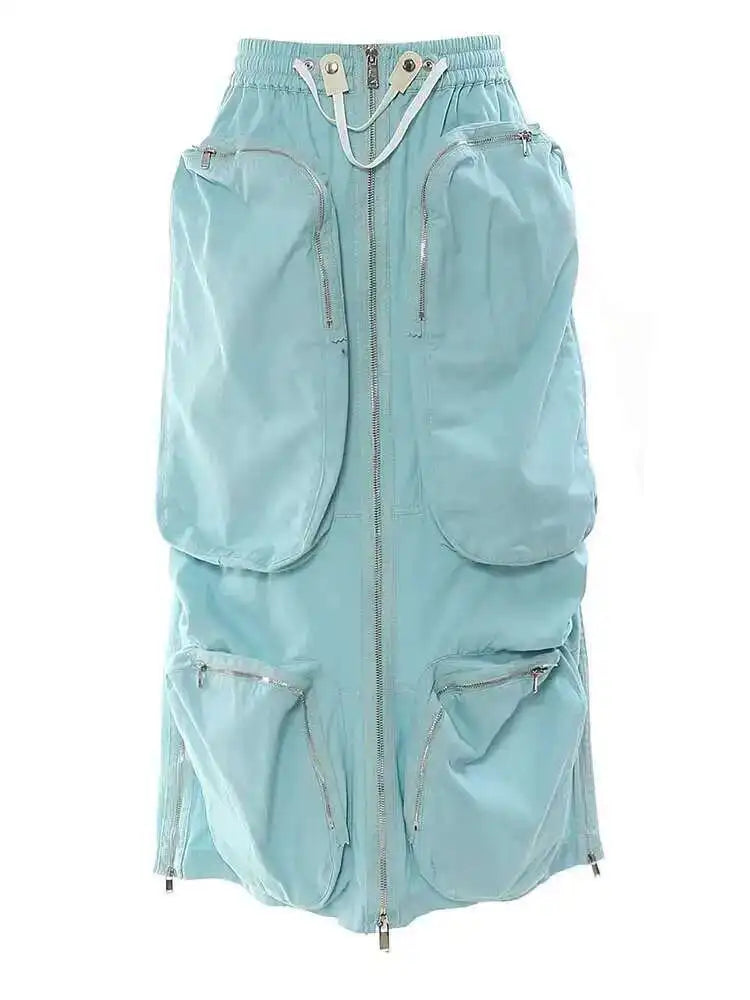 High Elastic Waist Orange Pocket Zipper Long Casual Half-body Skirt Women Fashion Tide New Spring Autumn 2025 1DE9890