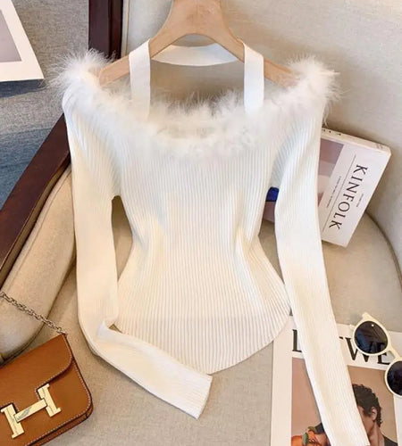 Vintage Fashion Women's White Slim Halter Knitted Pullover Tops Off Shoulder Elegant Asymmetrical Crochet Fur Sweater Simplicity
