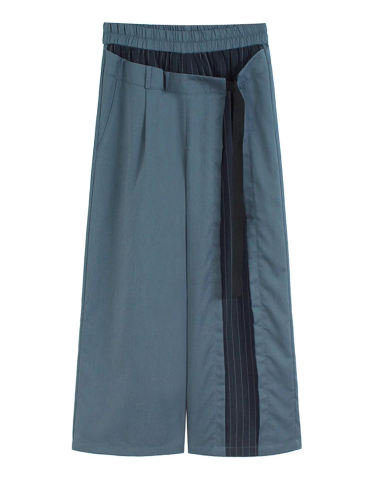 High Elastic Waist Blue Striped Color-block Wide Leg Pants New Trousers Women Fashion Tide Spring Autumn 2025 1DJ1320