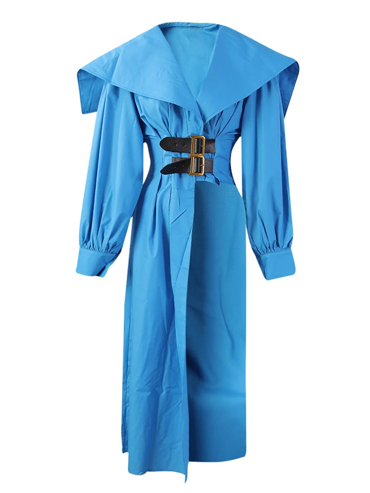 Women Black Irregular Shirt Dress New Lapel Lartern Long Sleeve Belt Waist Loose Fashion Tide Spring Autumn 2025 1DH2257