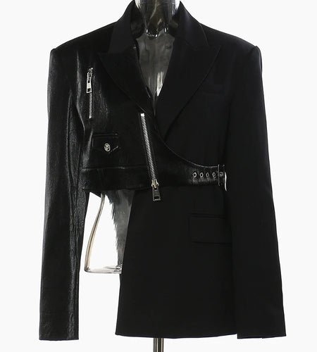 Women Black Irregular Pu Leather Blazer New Lapel Long Sleeve Loose Fit Jacket Fashion Tide Spring Autumn 2025 17A7466