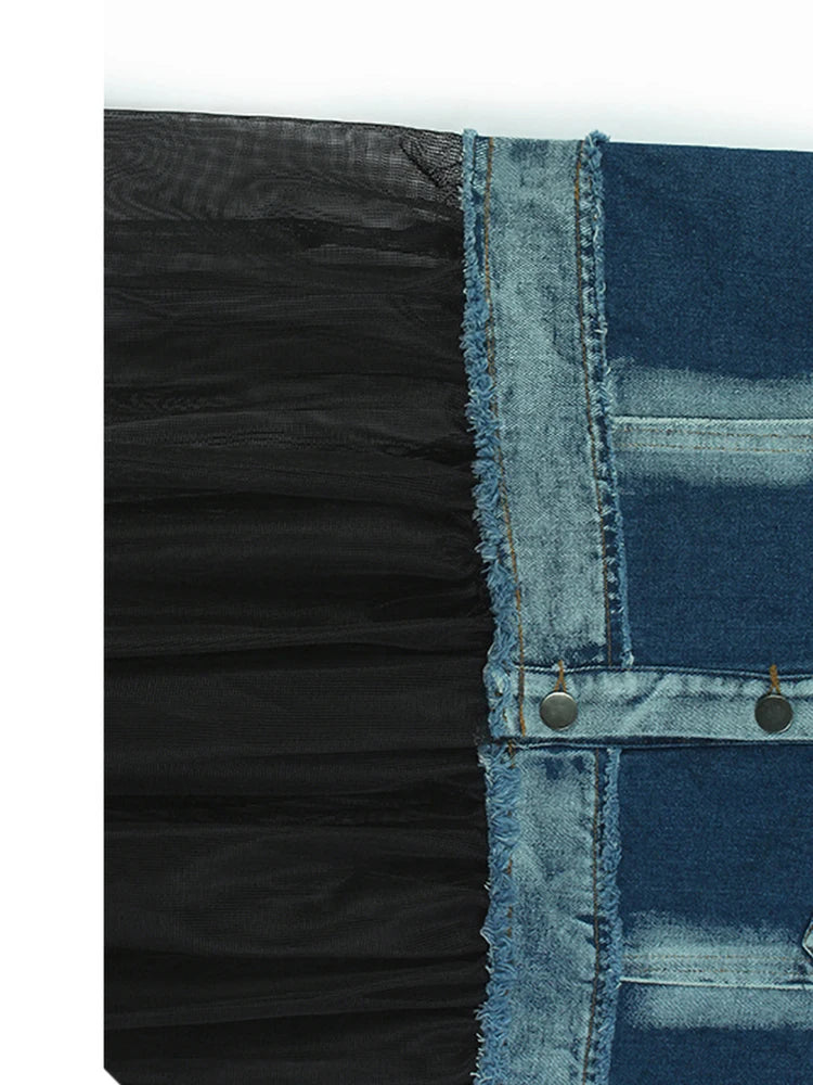 Women Black Denim Burr Mesh Spliced Big Size Vest Dress New Lapel Sleeveless Fashion Tide Spring Autumn 2025   1DJ1352