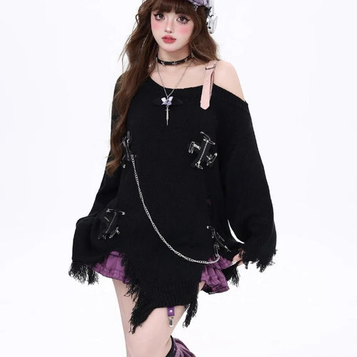 Load image into Gallery viewer, Streetwear Loose Women Skew Collar Sweater Y2k Aesthetic Vintage Patchwork Knitted Jumper Hole Split Grunge Harajuku Pullovers
