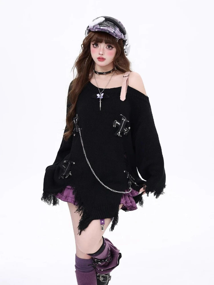 Streetwear Loose Women Skew Collar Sweater Y2k Aesthetic Vintage Patchwork Knitted Jumper Hole Split Grunge Harajuku Pullovers