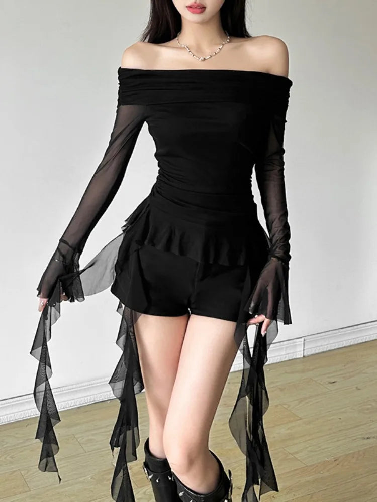 Sexy Slash Neck Off Shoulder Gauze Tshirts Women Y2k Aesthetic Irregular Ruffled Slim Fit Grunge Top Harajuku Vintage Fairy Tees