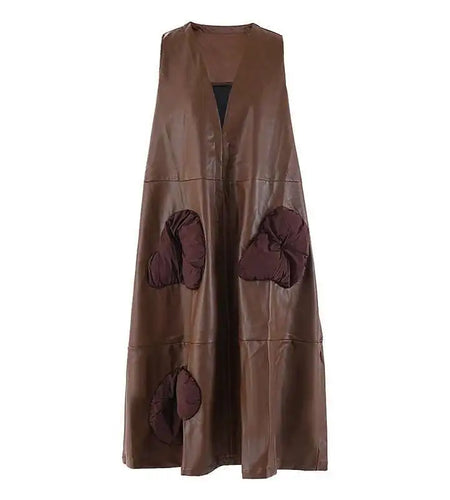 Women Black  Pu Leather Pockets Big Size Long Vest Dress New V-Neck Sleeveless Fashion Tide Spring Autumn 2025 CPG2085