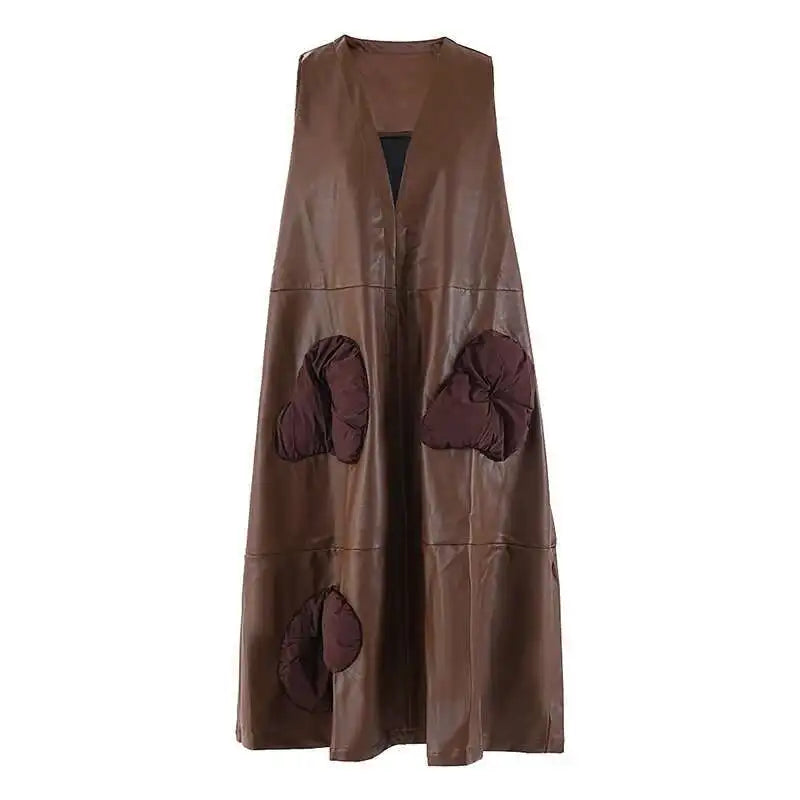 Women Black  Pu Leather Pockets Big Size Long Vest Dress New V-Neck Sleeveless Fashion Tide Spring Autumn 2025 CPG2085