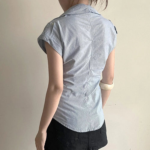 Load image into Gallery viewer, Casual Blue Striped Skinny Summer Shirts Women Chic Curved hem With Breasted Buttons Blouse Lady Short Sleeve Top New
