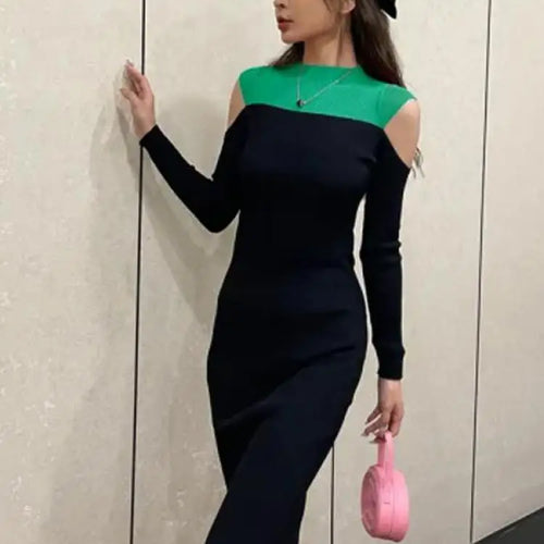 Load image into Gallery viewer, French Women Elegant Patchwork Off Shoulder Split Knit Dress Autumn Office Long Sleeve Slim Ladies Fashion Wrap Hip Dresses Chic
