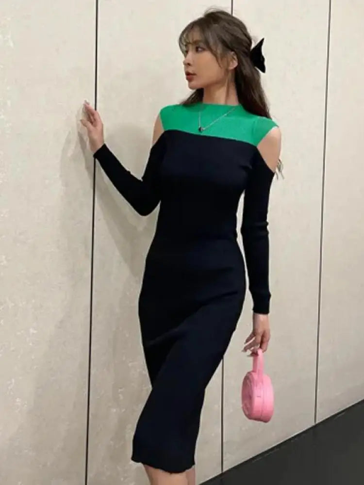 French Women Elegant Patchwork Off Shoulder Split Knit Dress Autumn Office Long Sleeve Slim Ladies Fashion Wrap Hip Dresses Chic