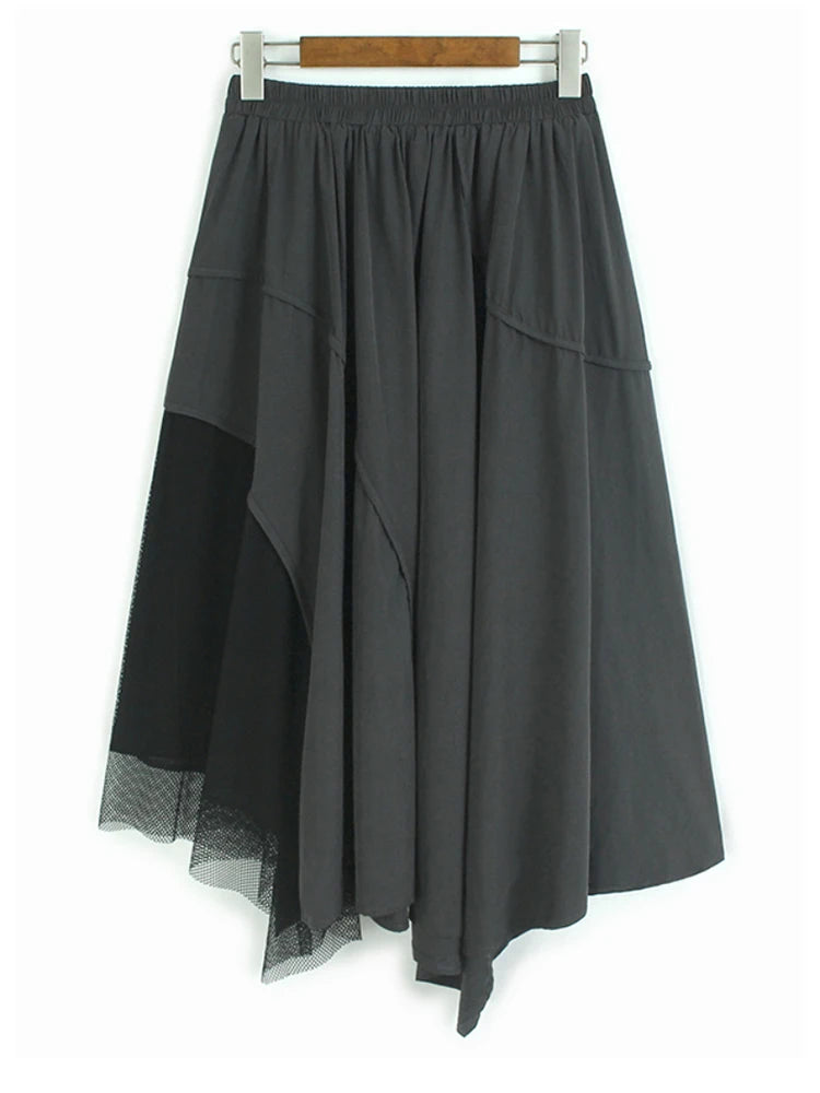 High Elastic Waist Gray Irregular Mesh Spliced A-line Half-body Skirt Women Fashion Tide New Spring Autumn 2025 1DJ1418