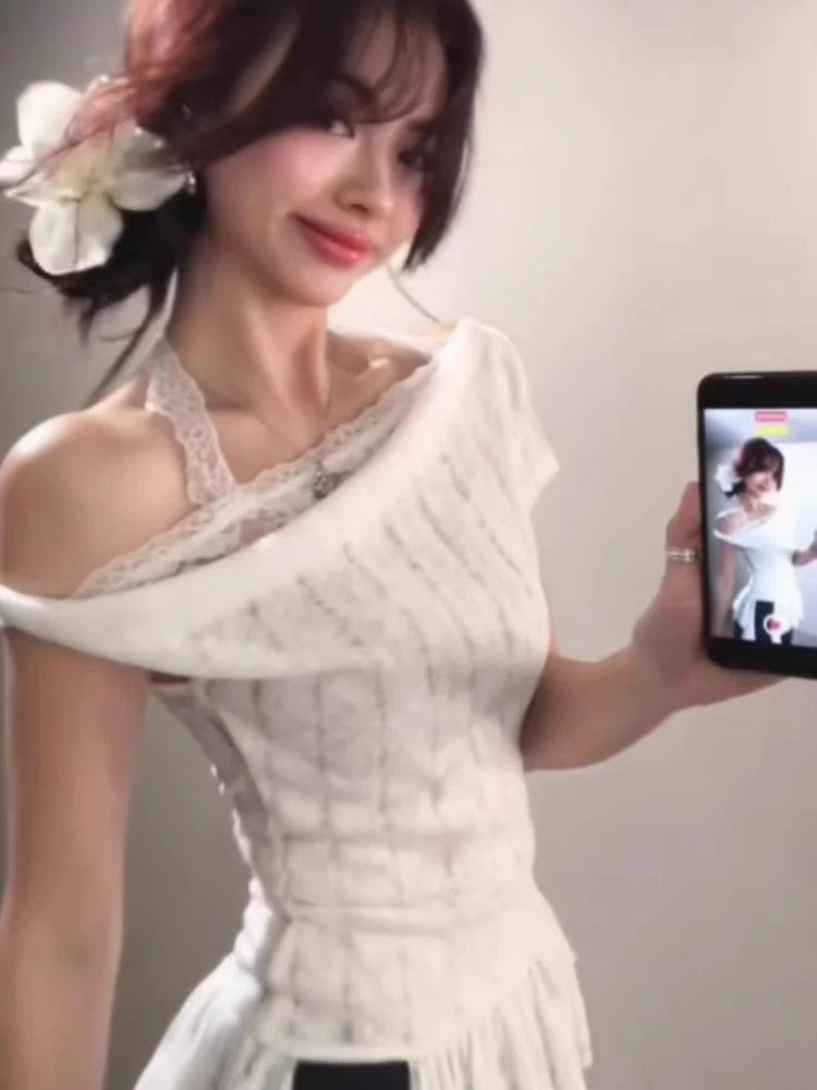 Y2k Aesthetic Lace Patchwork Slim Tshirts Women Harajuku Skew Collar Halter T-shirt 2025 Streetwear Irregular Ruffled Tees Femme