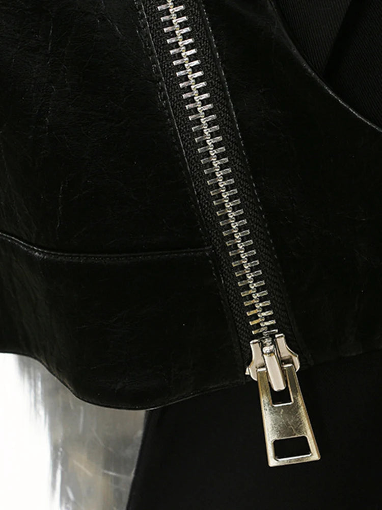 Women Black Irregular Pu Leather Blazer New Lapel Long Sleeve Loose Fit Jacket Fashion Tide Spring Autumn 2025 17A7466