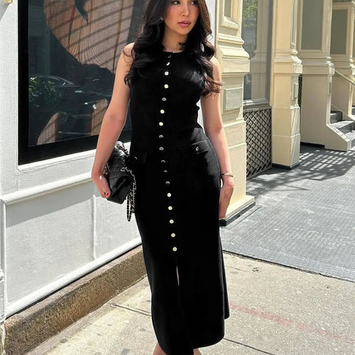 Load image into Gallery viewer, Elegant Sleeveless Sweater Knitted Button Long Dress Women Split Fit Fashion Street Female Vesidos 2024 Summer New Dress
