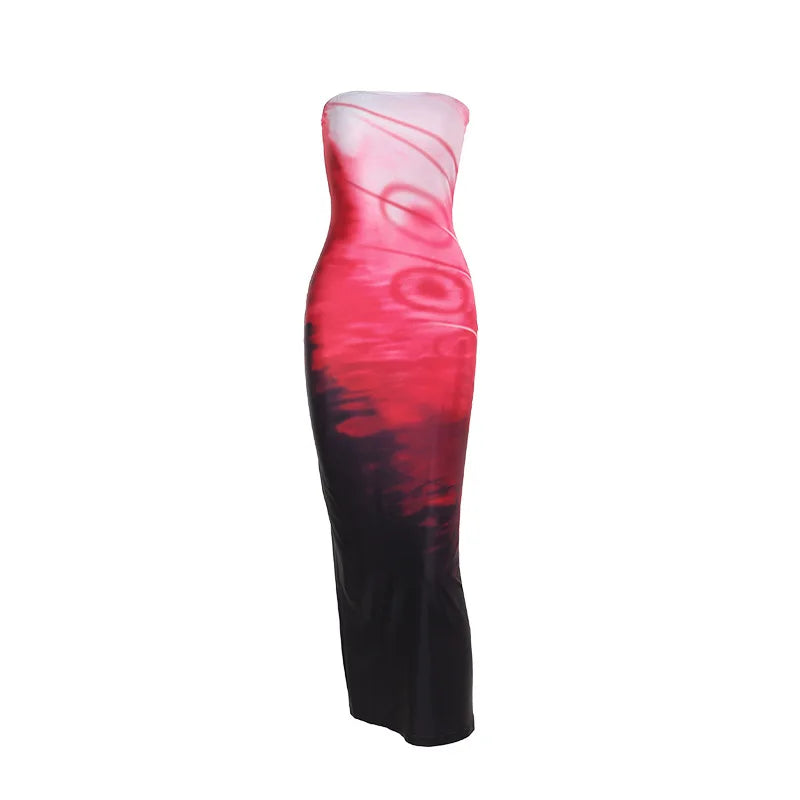 Strapless Print Sexy Midi Dress For Women Fashion Off-shoulder Backless Bodycon Club Party Sexy Long Dress Clubwear
