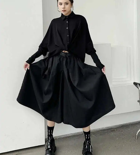 High Elastic Waist Black Belted Calf-Length Wide Leg Pants New Trousers Women Fashion Tide Spring Autumn 2025 1DH9367