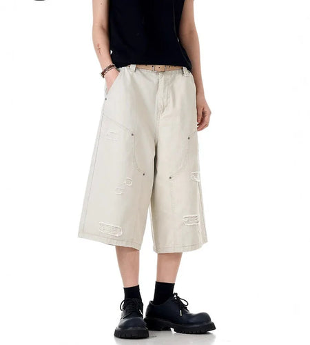 Men's Jeans New American Washed Distressed Denim Shorts High Street Loose Wide Leg Cropped Pants Solid Color Bottoms 9W1715