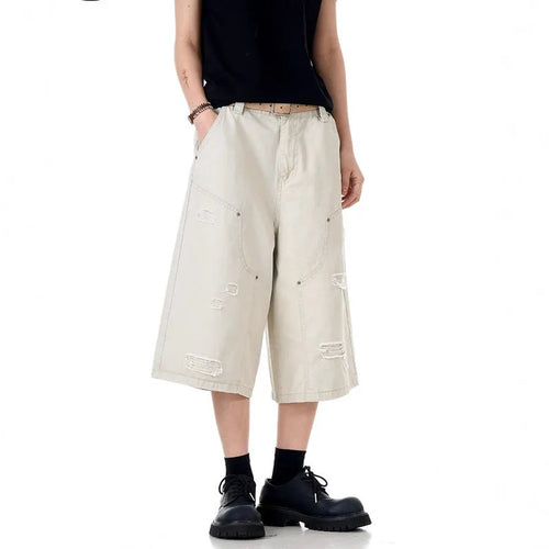 Load image into Gallery viewer, Men's Jeans New American Washed Distressed Denim Shorts High Street Loose Wide Leg Cropped Pants Solid Color Bottoms 9W1715
