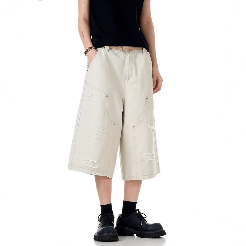 Men's Jeans New American Washed Distressed Denim Shorts High Street Loose Wide Leg Cropped Pants Solid Color Bottoms 9W1715