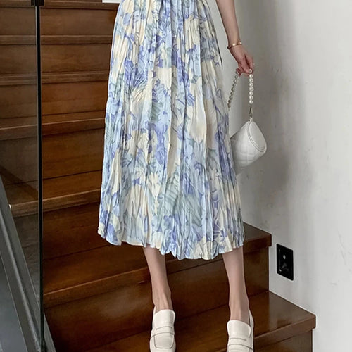 Load image into Gallery viewer, French Style Pleated Elegant Floral Skirts High Waist White Casual Women&#39;s Skirts Summer Vacation Skirt Office Ladies
