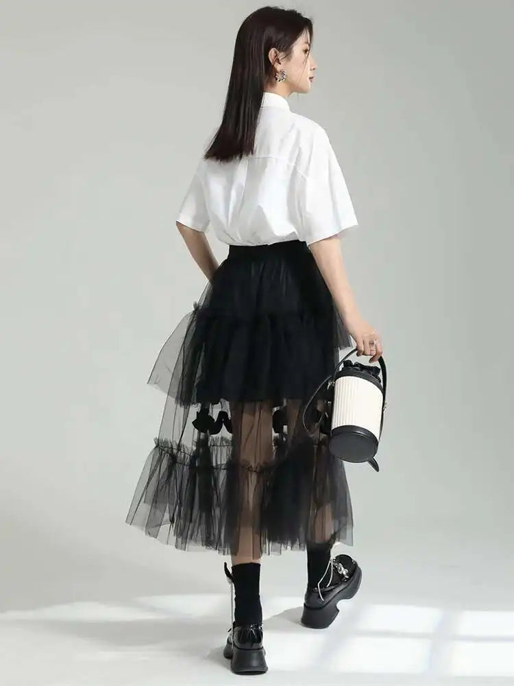 High Elastic Waist Black Irregular Mesh Perspective Midi Half-body Skirt Women Fashion Tide New Spring Autumn 2025 1DF7528