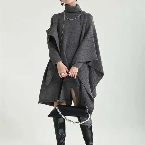 Load image into Gallery viewer, Women Gray Irregular Design Knitting Dress New Turtleneck Long Sleeve Loose Fit Fashion Tide Spring Autumn 2025 1DF2618

