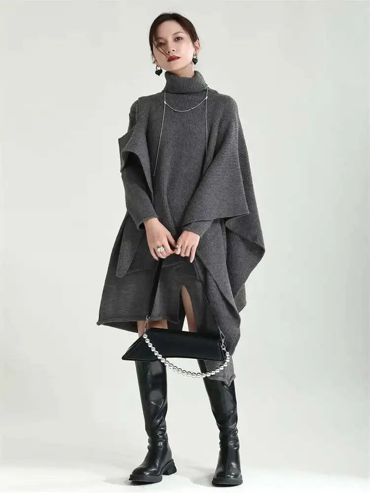 Women Gray Irregular Design Knitting Dress New Turtleneck Long Sleeve Loose Fit Fashion Tide Spring Autumn 2025 1DF2618