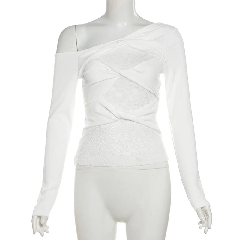 y2k Lace Top Women Coquette Clothing See Through Slash Neck One Shoulder Twist Front Long Sleeve T Shirt Streetwear