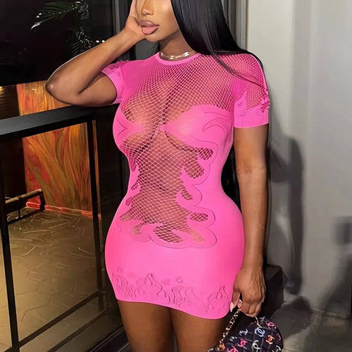 Basics Solid Color Sheer Mini Dress For Women Fashion Round Neck Short Sleeve High Stretch Bodycon Dresses Sexy Party