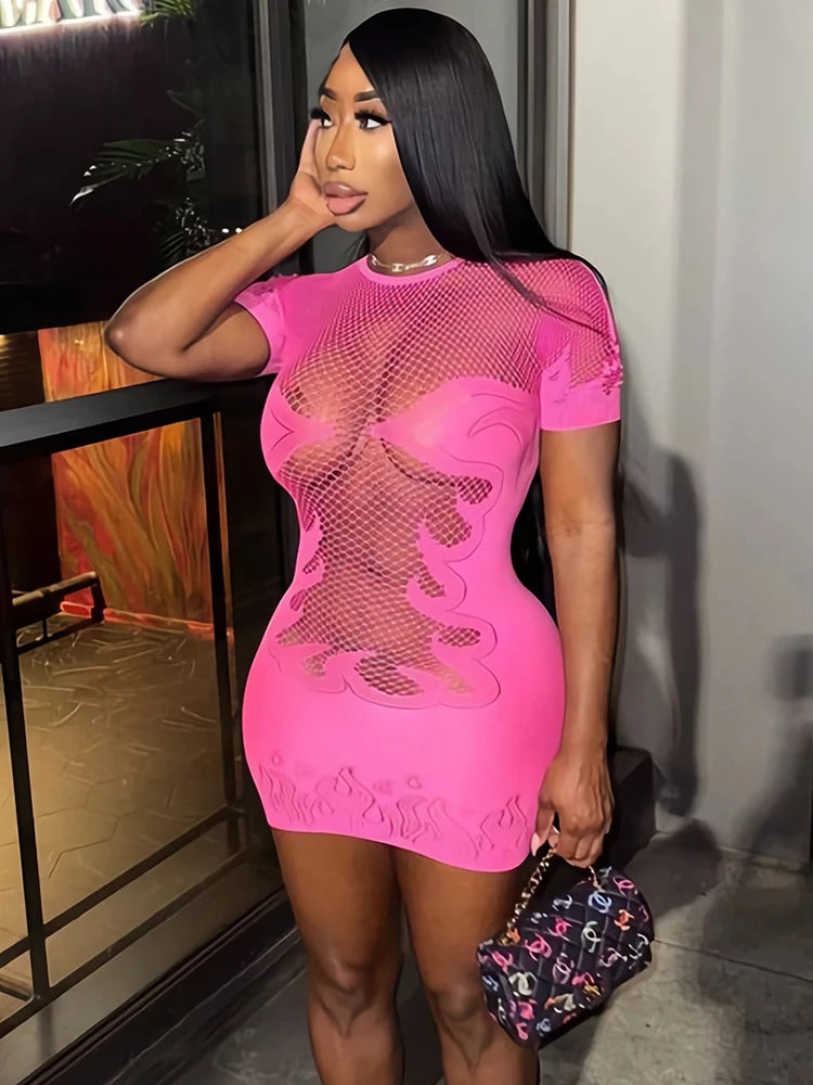 Basics Solid Color Sheer Mini Dress For Women Fashion Round Neck Short Sleeve High Stretch Bodycon Dresses Sexy Party
