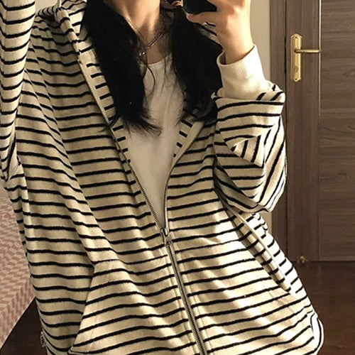 Load image into Gallery viewer, Spell Color Striped Chic Drawstring Loose Female Hoodies Autumn Basic Simple Casual O-neck Fashion Zipper Women Hoodies
