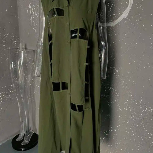 Load image into Gallery viewer, Women Army Green Hollow Out Big Size Midi Casual Dress New Lapel Sleeveless Fashion Tide Spring Summer 2025 1DH9512
