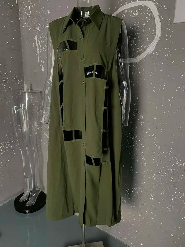 Women Army Green Hollow Out Big Size Midi Casual Dress New Lapel Sleeveless Fashion Tide Spring Summer 2025 1DH9512