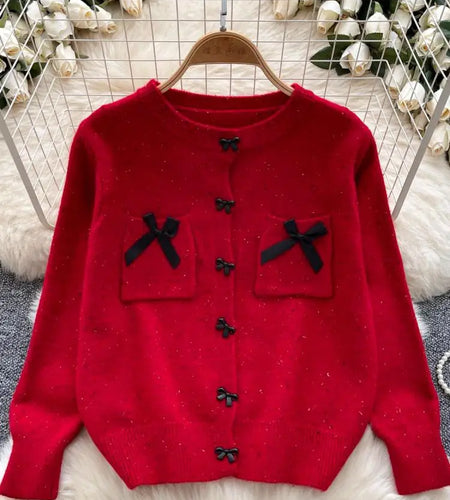 Autumn Winter Women Sweet Red Pink Elegant Round Neck Knit Tops Vintage White Single Breasted Long Sleeve Bow Sweater 2024 Trend