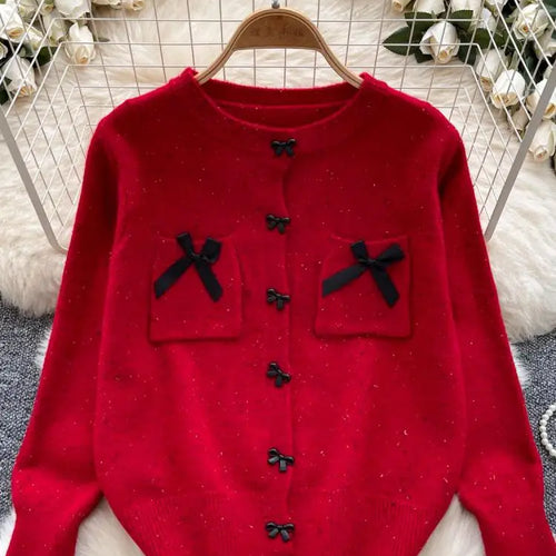 Load image into Gallery viewer, Autumn Winter Women Sweet Red Pink Elegant Round Neck Knit Tops Vintage White Single Breasted Long Sleeve Bow Sweater 2024 Trend
