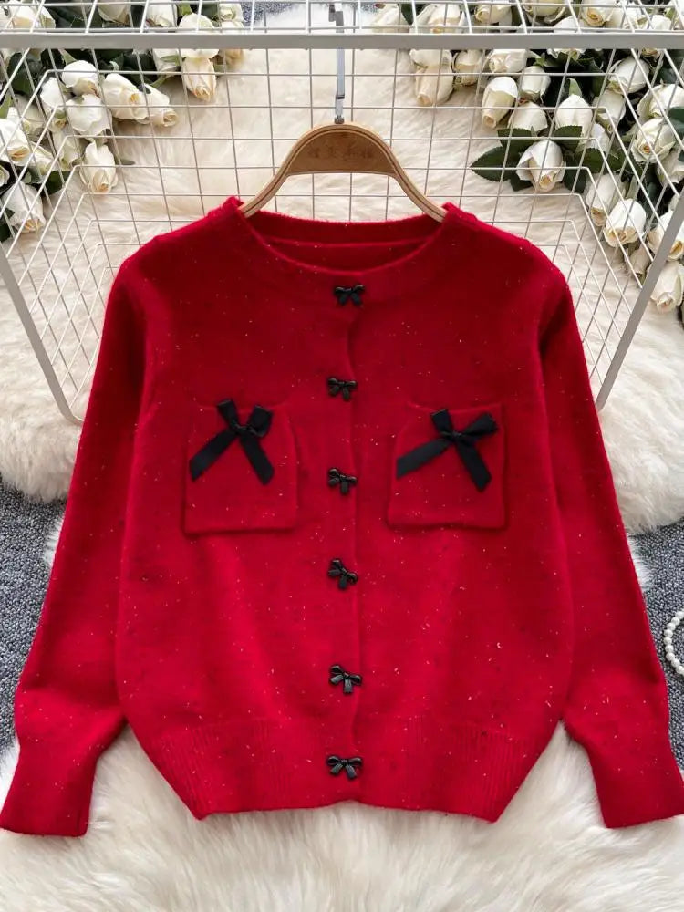 Autumn Winter Women Sweet Red Pink Elegant Round Neck Knit Tops Vintage White Single Breasted Long Sleeve Bow Sweater 2024 Trend