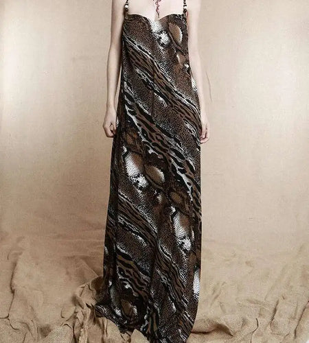 Women Coffee Leopard Printed Long Spaghetti Strap Dress New Square Collar Sleeveless Fashion Spring Autumn 2025 1DH8446