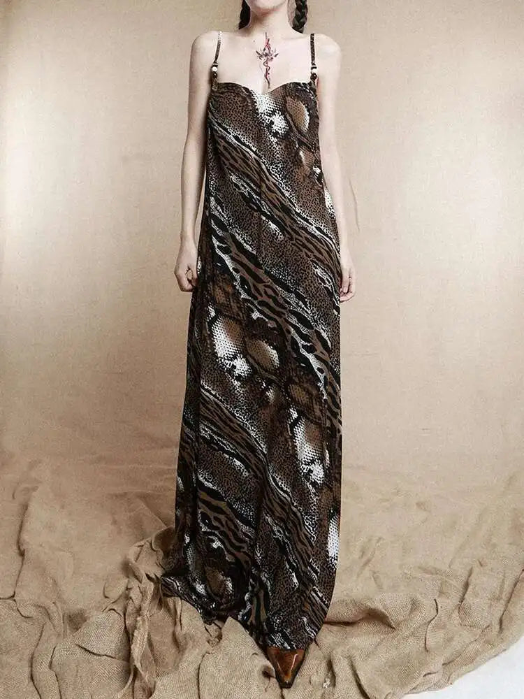 Women Coffee Leopard Printed Long Spaghetti Strap Dress New Square Collar Sleeveless Fashion Spring Autumn 2025 1DH8446