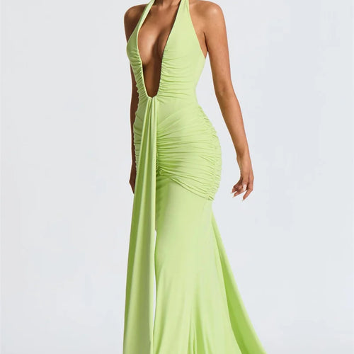 Load image into Gallery viewer, Deep V Neck Backless Ruched Sexy Maxi Dress Women Gown Summer Halter Sleeveless Draped Club Party Long Dress 2025
