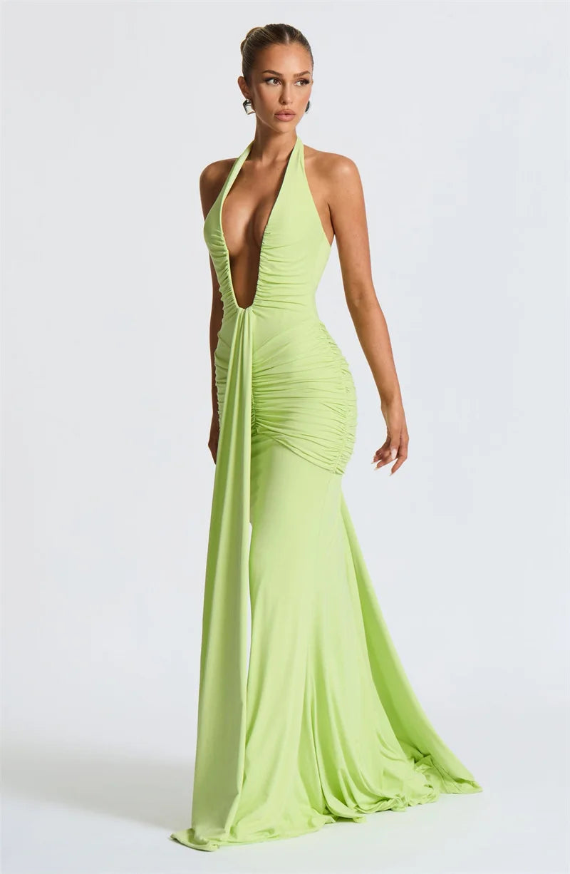 Deep V Neck Backless Ruched Sexy Maxi Dress Women Gown Summer Halter Sleeveless Draped Club Party Long Dress 2025
