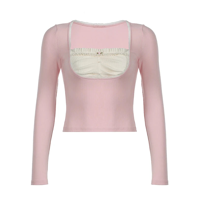 Square Neck Pink Korean Autumn T shirts for Women Patched Folds Sweet Coquette Clothes Cropped Top Tee Cutecore Girls