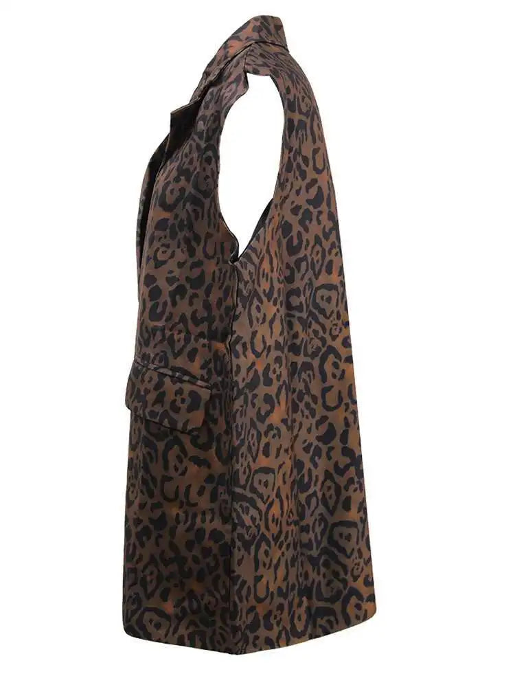 Women Leopard Print Big Size Casual Vintage Mini Vest Dress New Lapel Sleeveless Fashion Tide Spring Autumn 2025 1DH5205