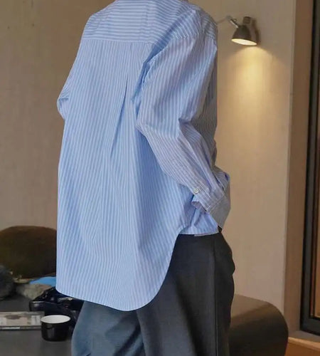 Women Blue Striped Vintage Big Size Blouse New Lapel Long Sleeve Loose Fit Shirt Fashion Tide Spring Autumn 2025 1DH1021