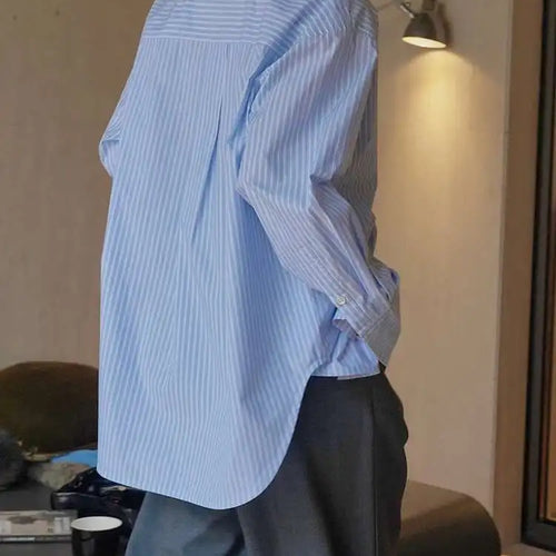 Load image into Gallery viewer, Women Blue Striped Vintage Big Size Blouse New Lapel Long Sleeve Loose Fit Shirt Fashion Tide Spring Autumn 2025 1DH1021
